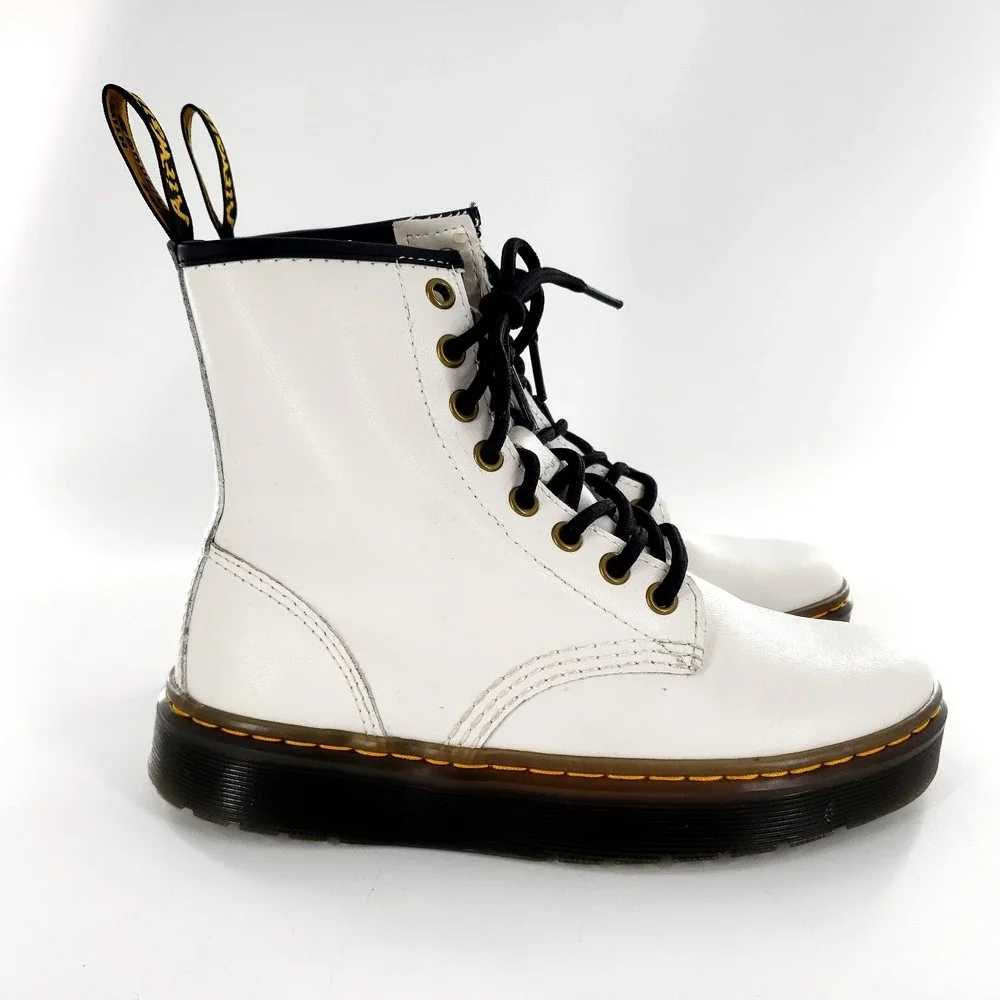Dr Martens Zavala White Leather Combat Boots Youth Girls Size 5 AirWair